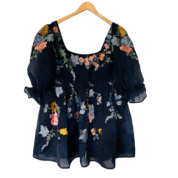 ASOS Floral Embroidered Tulle Puff Sleeve Babydoll Dress Size 14 Navy Multi - Picture 2 of 8